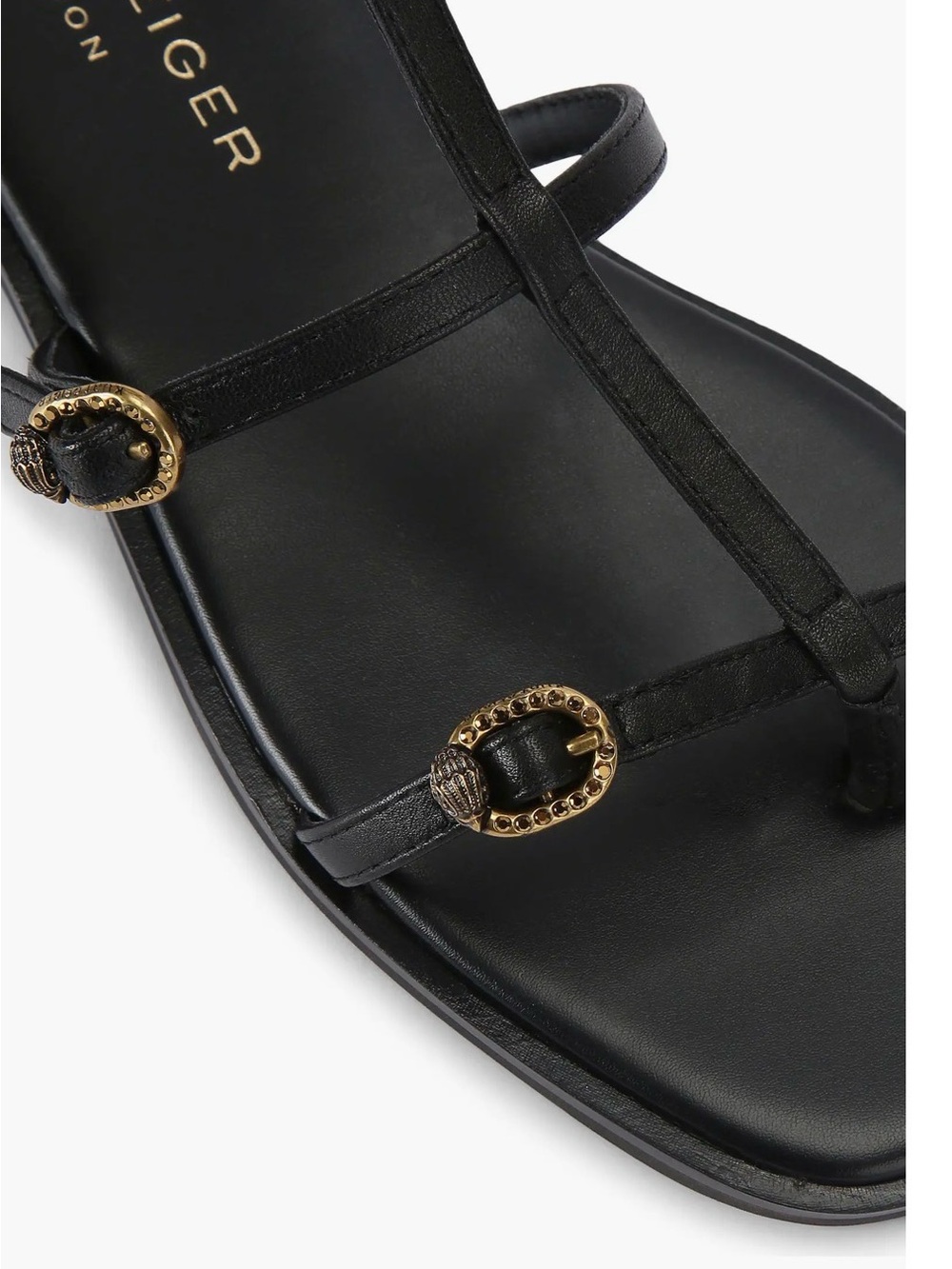 Kurt Geiger Black Leather T-Strap Sandals with Gold Chain Detail - Picture 2 of 5